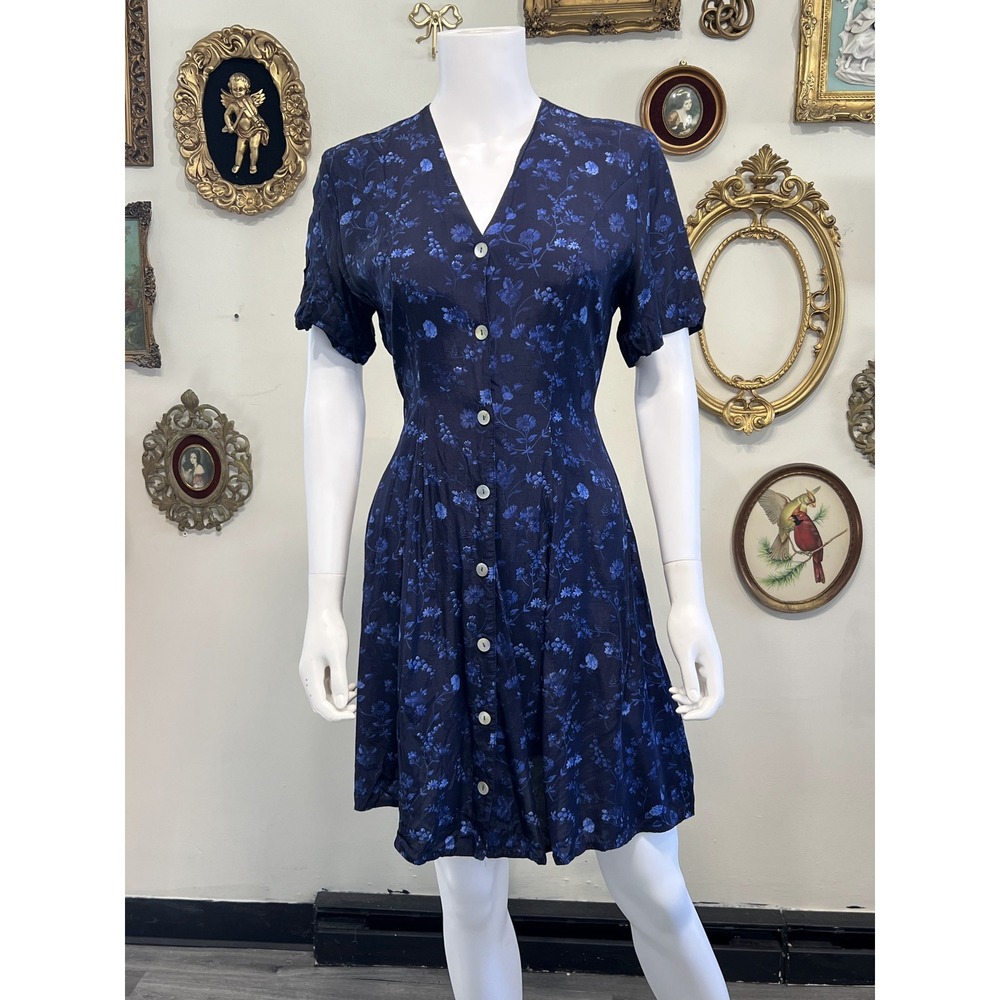 Belle Epoque Vintage Navy Blue Floral Short Sleeve Button Front Dress Size US 6
